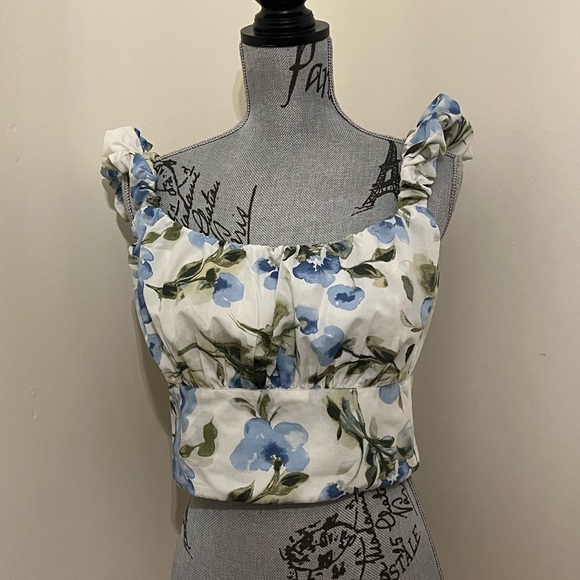 Abercrombie Scrunch Strap Poplin Top in Blue/Green Floral Print, Size XL - Picture 4 of 15